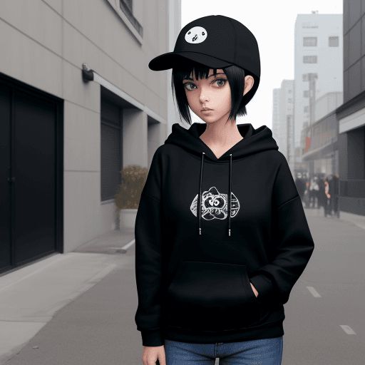 AI generated: tomboy anime girl,  black hoodie, black jeans, dark blue cap, black bob hair
