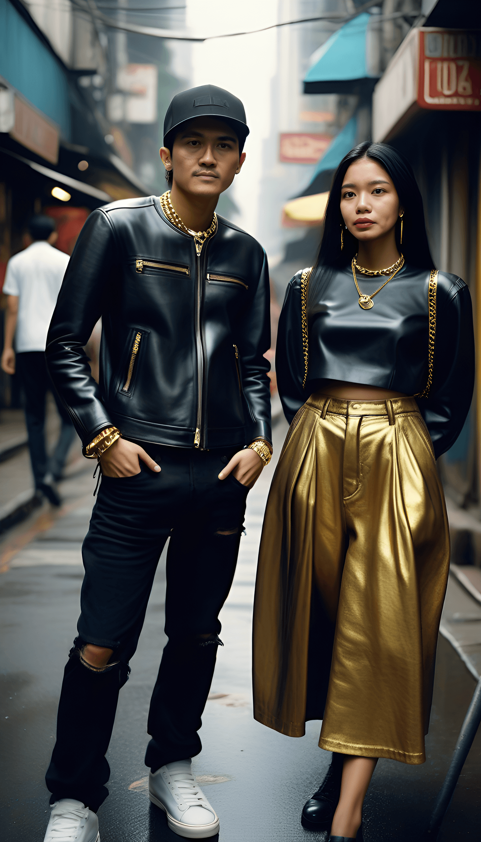 AI generated: potrait a couple, masterpiece, concept art, medium shot,wearing 1990 era outfits, cozy, atmospheric,...