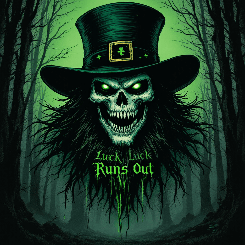 AI generated: "A dark, edgy leprechaun with a skull-like face, glowing green eyes, and a sinister grin. The backgr...
