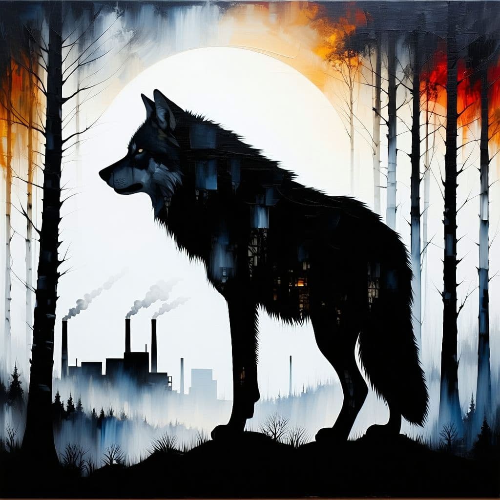 AI generated: oil painting, cardboard like silhouette of a wolf, head down, low tail, inside wolf silhouette, outl...