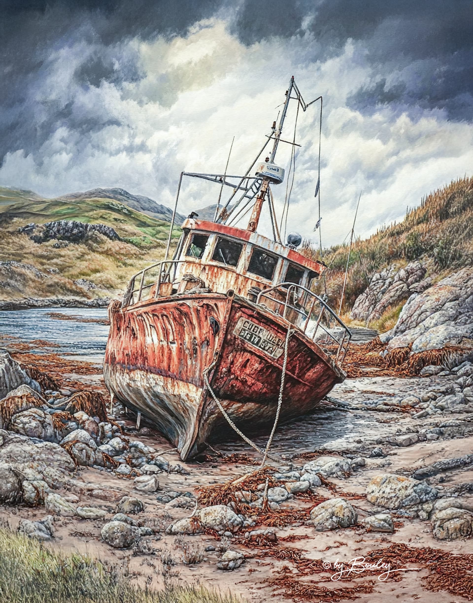 AI generated: fine art artwork of a rusty old fishing boat, partially wrecked, sitting on a rocky beach with a hil...