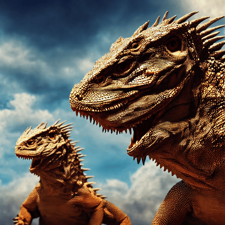 AI generated: Big crazy lizard, frontal portrait, hyper realist, cinematic light, panoramic sky