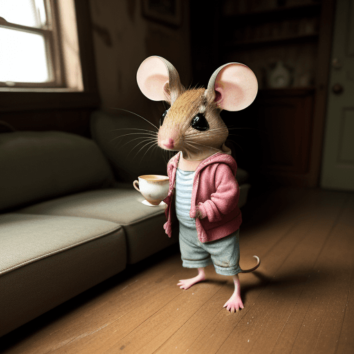 AI generated: A small mouse with clothes on is in an old house in the living room. Drinking tea