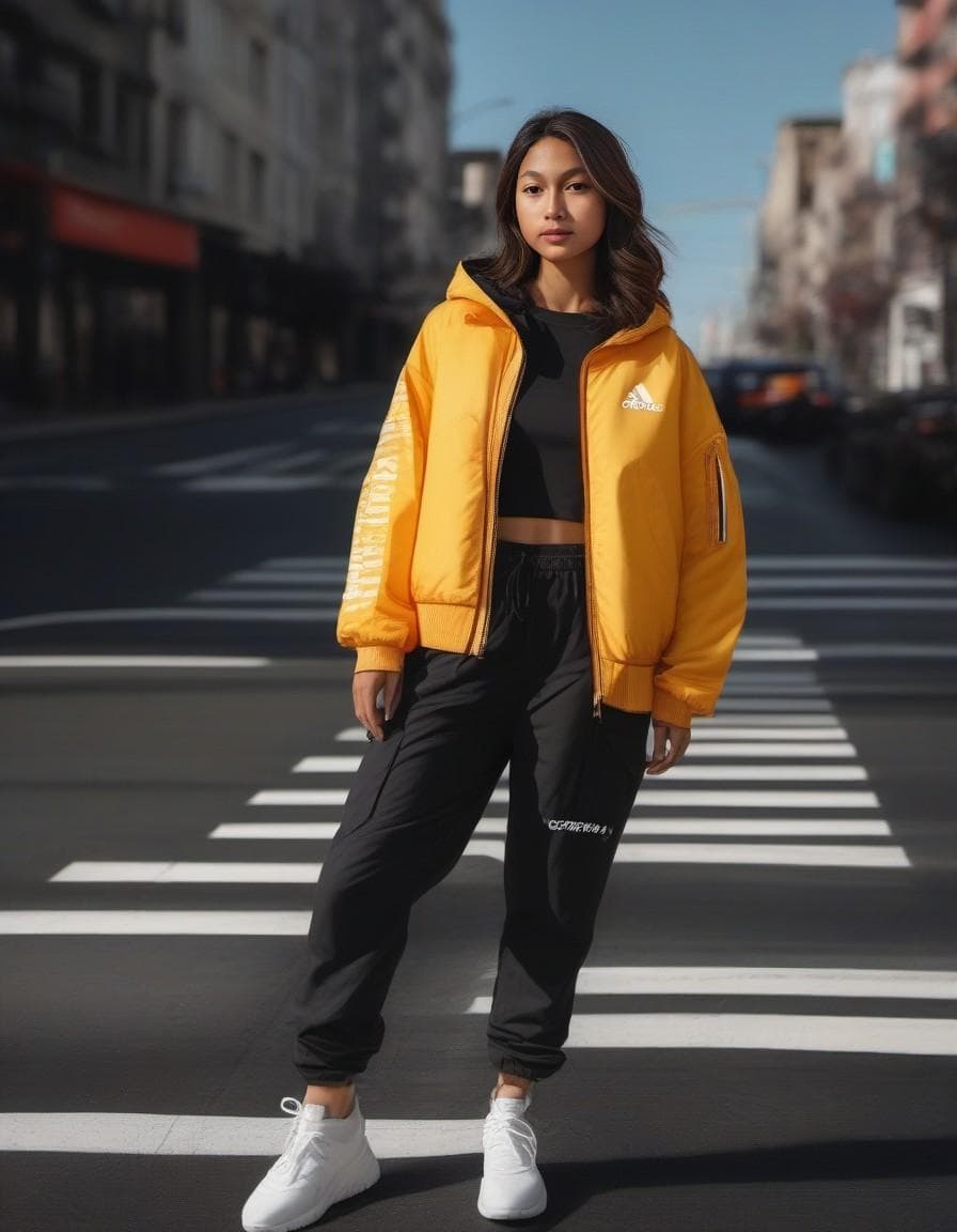 AI generated: photography, 28 woman, pro model, natural pose moment, wearing small text logo with garment dyeing t...