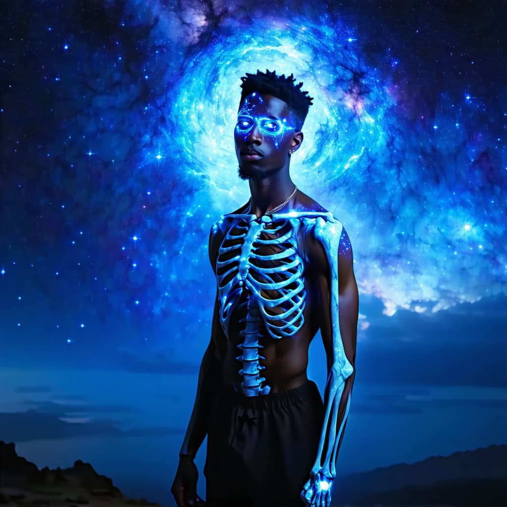 AI generated: An African American male, average height and build, standing calmly amid a fractured cosmic battlefi...
