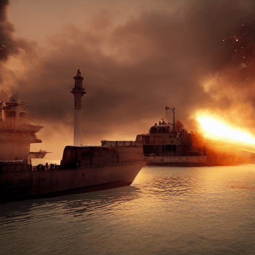 AI generated: Warship bombing a mosque. Cinematic, octane render, dramatic lighting, epic lighting, photorealistic