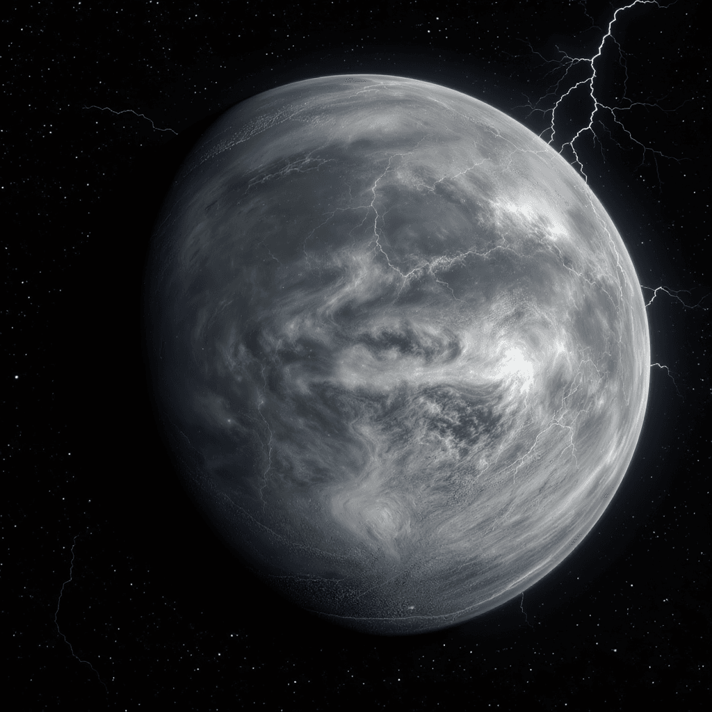 AI generated: a grey, White and black planet that has storms swirling and covering its entire surface with lightni...