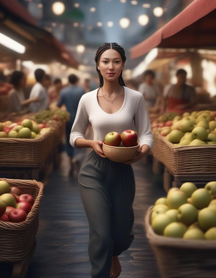AI generated: Black girl with braids holding apples runs from people chasing her through the market, hyper-realism...