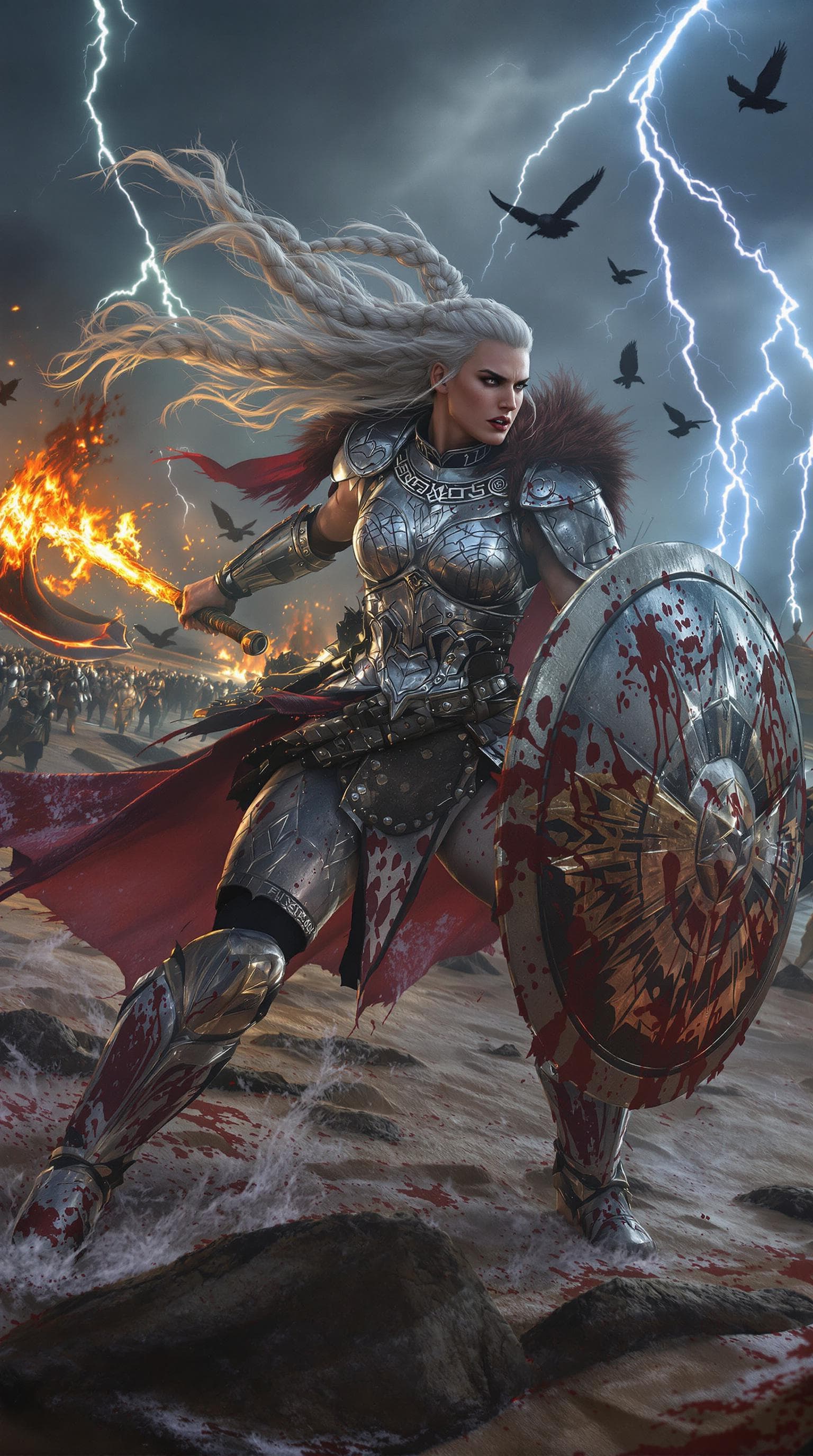 AI generated: Epic Viking shield maiden in fierce battle, ((dramatic action pose)), platinum braided hair flying, ...