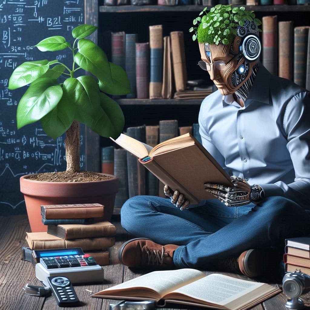 AI generated: An intelligent ficus plant reading a book