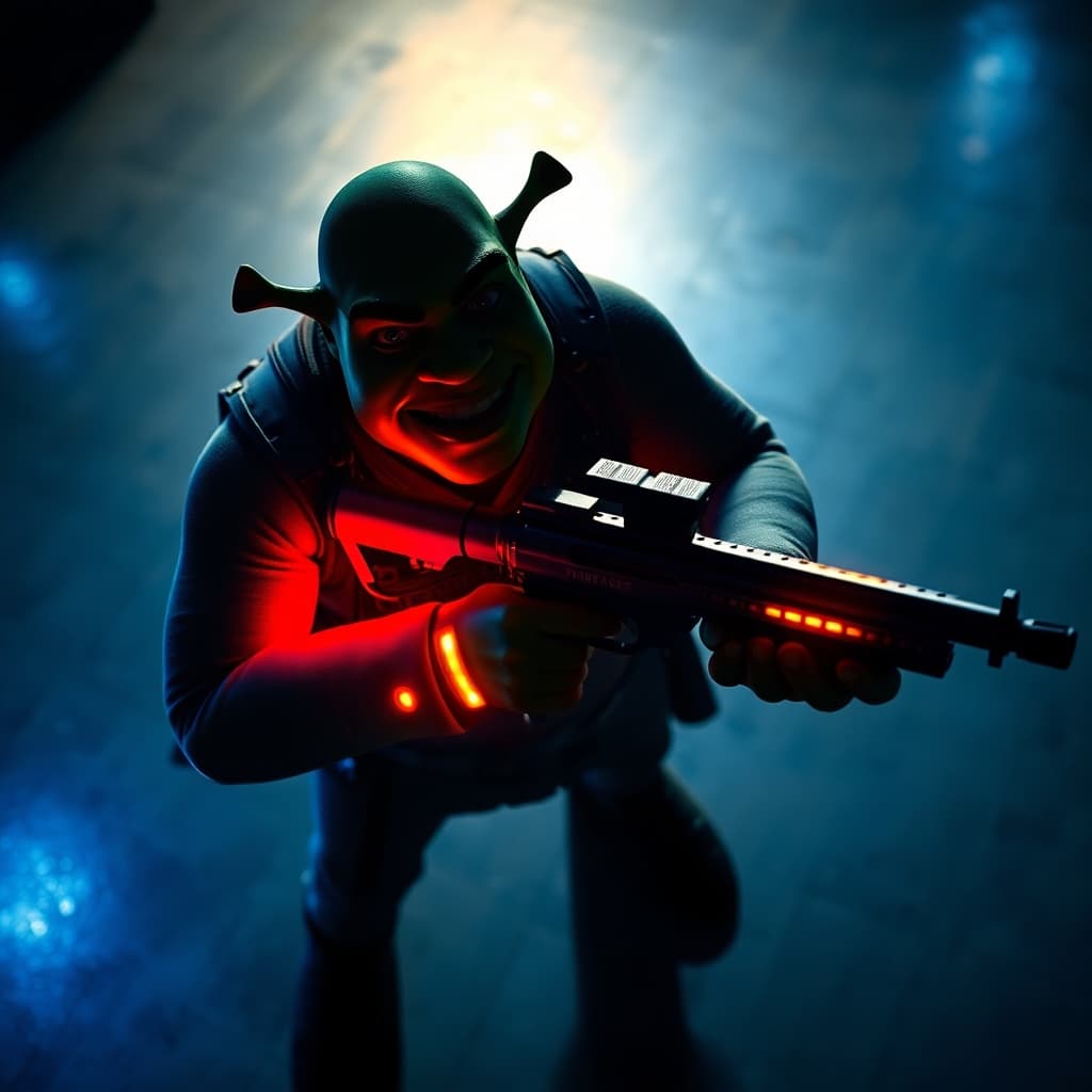 AI generated: Overhead bird’s eye view cinematic, realistic scene of a dark silhouette of Shrek holding an electri...