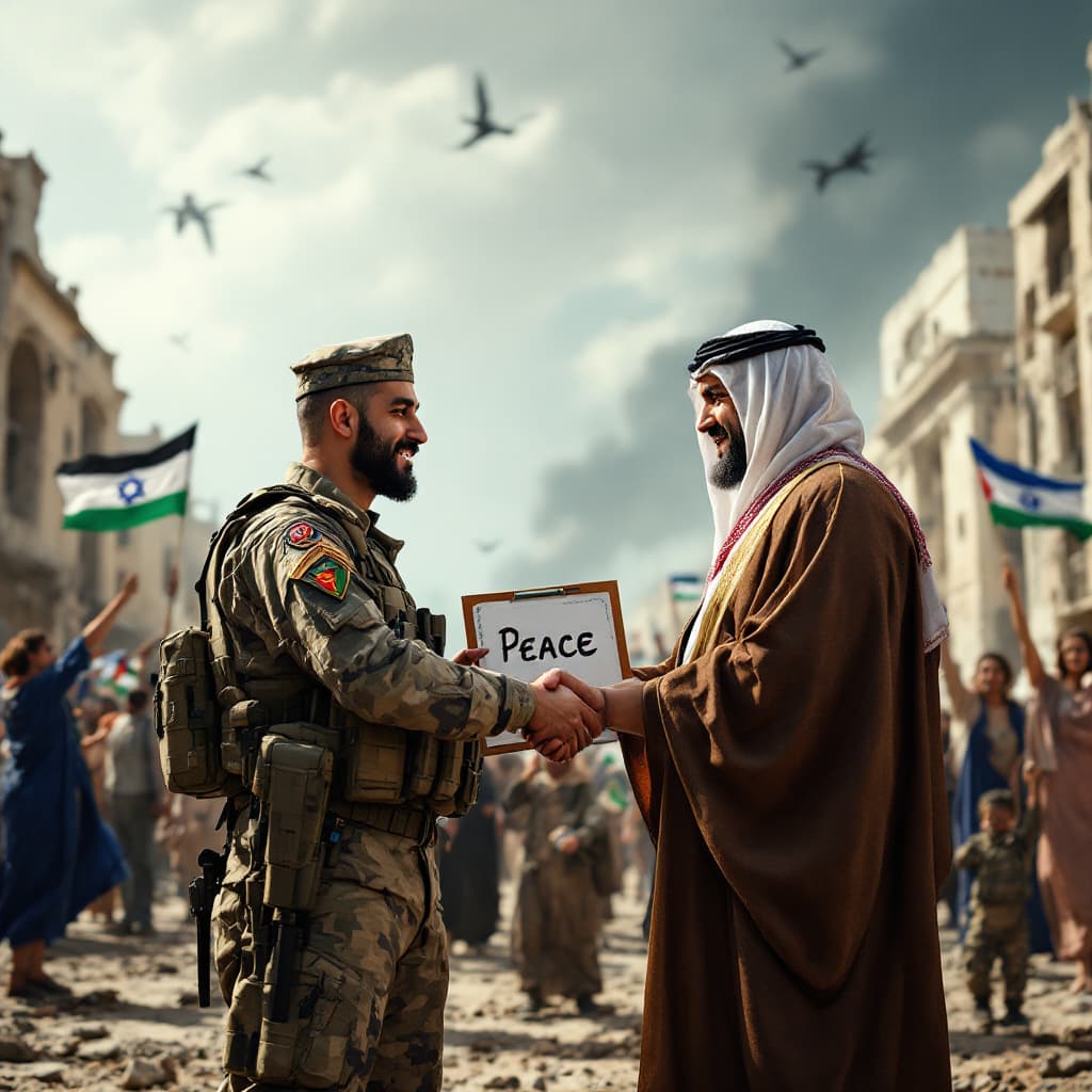 AI generated: Create a realistic image for me of two solider shaking hands holding a file that says peace.with and...