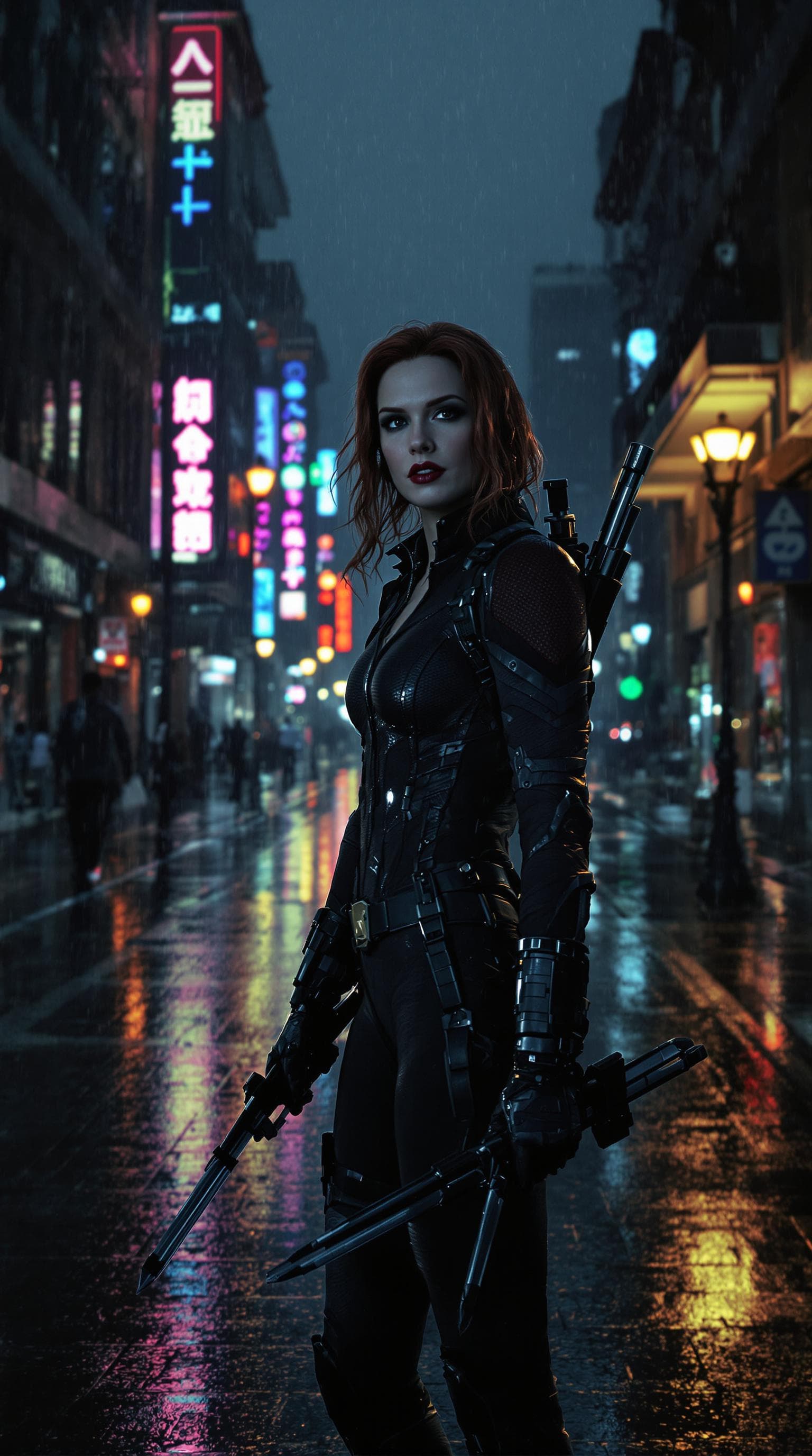 AI generated: Black widow from Marvel Posing In dark rainy Dystopian city in the rain, on an empty street. Neon li...