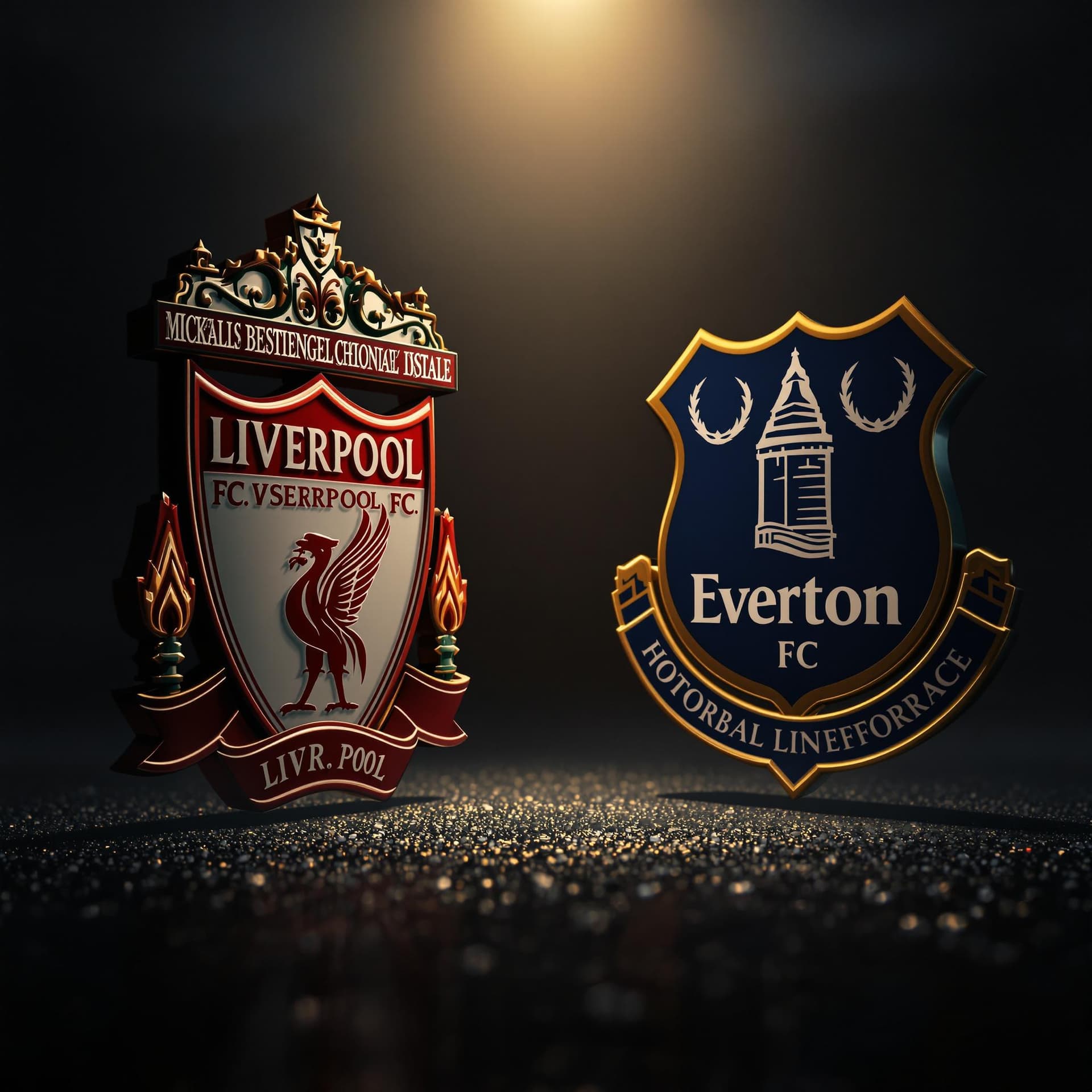 AI generated: A dramatic and cinematic scene featuring the detailed logos of Liverpool FC and Everton FC facing ea...