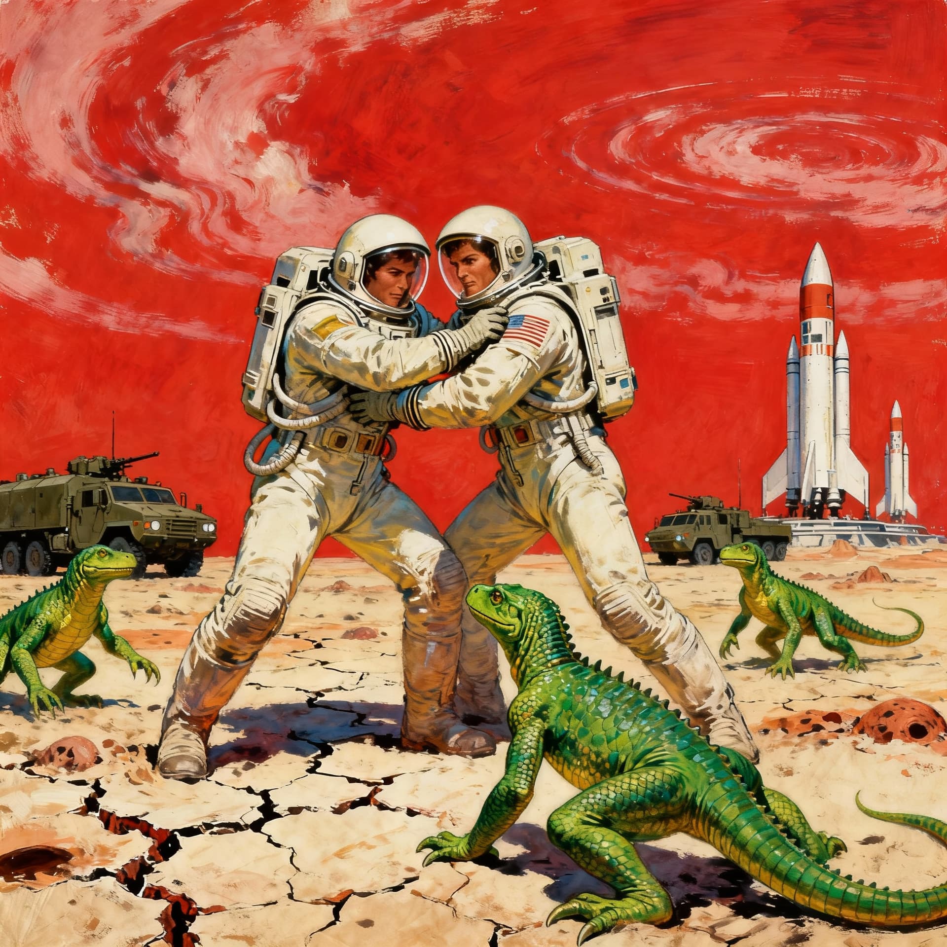AI generated: A vintage pulp cover of an alien planet with two astronauts in space suits fighting green lizard peo...