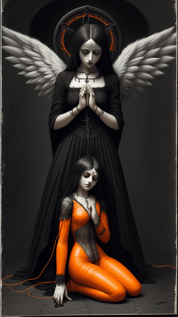 AI generated: a depressed gothic female angel with electric orange Drana's Emissary kneeling down praying for forg...