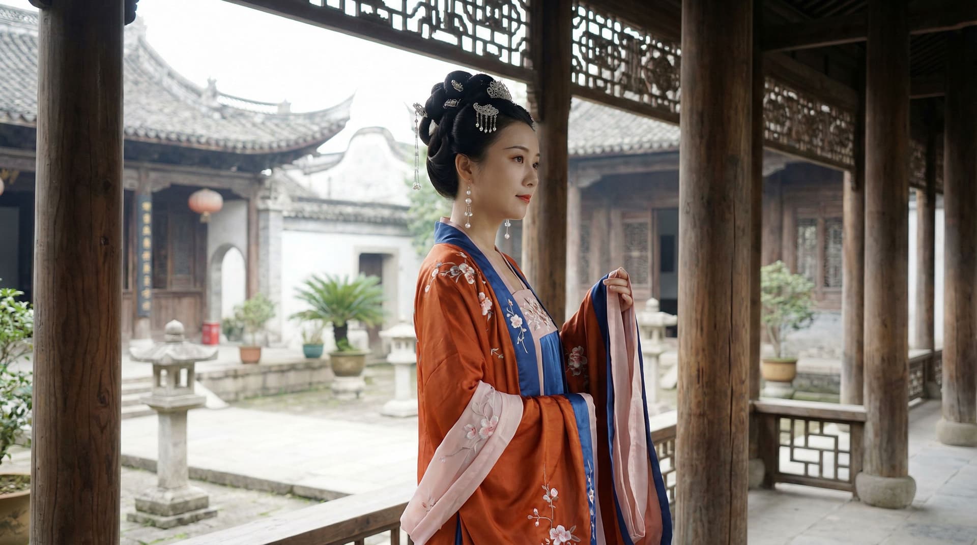 AI generated: A graceful figure dressed in traditional Chinese Hanfu, featuring flowing orange, blue, and light pi...
