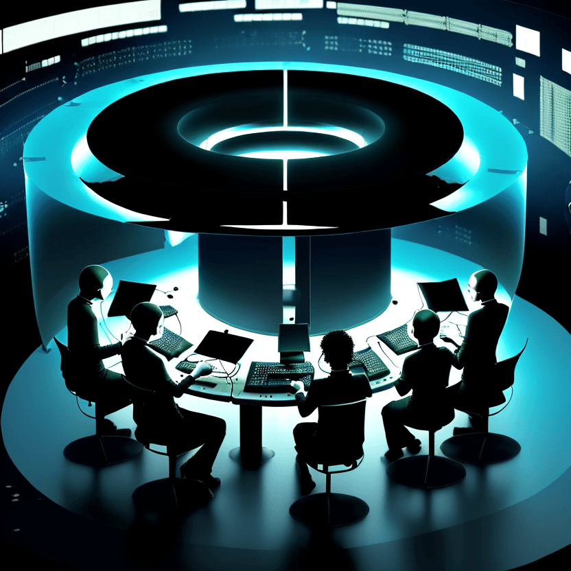 AI generated: A lot of computer scientists in circle, performing what seems to be a deep ritual in order to run a ...