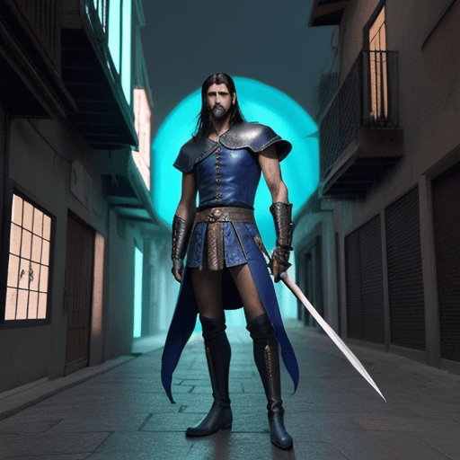 AI generated: hombre medieval, espada en mano, runas, palabras griegas, el hombre caminando en una ciudad futristi...