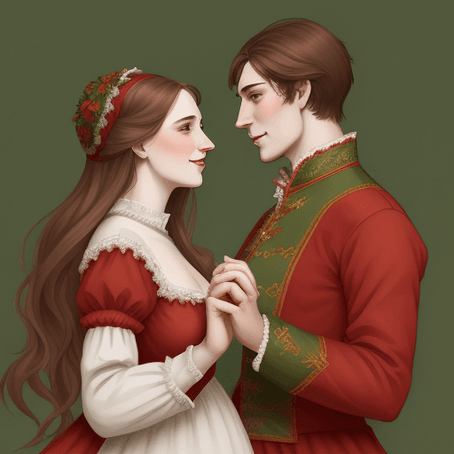 AI generated: young and happy husband and wife Peter and Fevronia in Russian traditional costumes, in red tones, c...