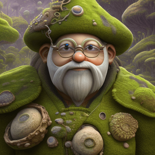 AI generated: human like mushroom gnome, intricate, realistic face, detailed portrait, detailed face, green outfit...