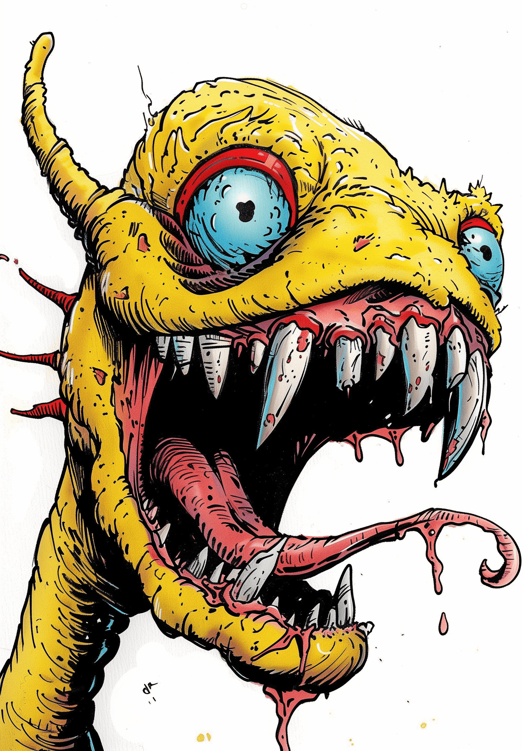 AI generated: A red-eyed alien with one large yellow head, one blue eyeball, and two long thin teeth sticking out ...