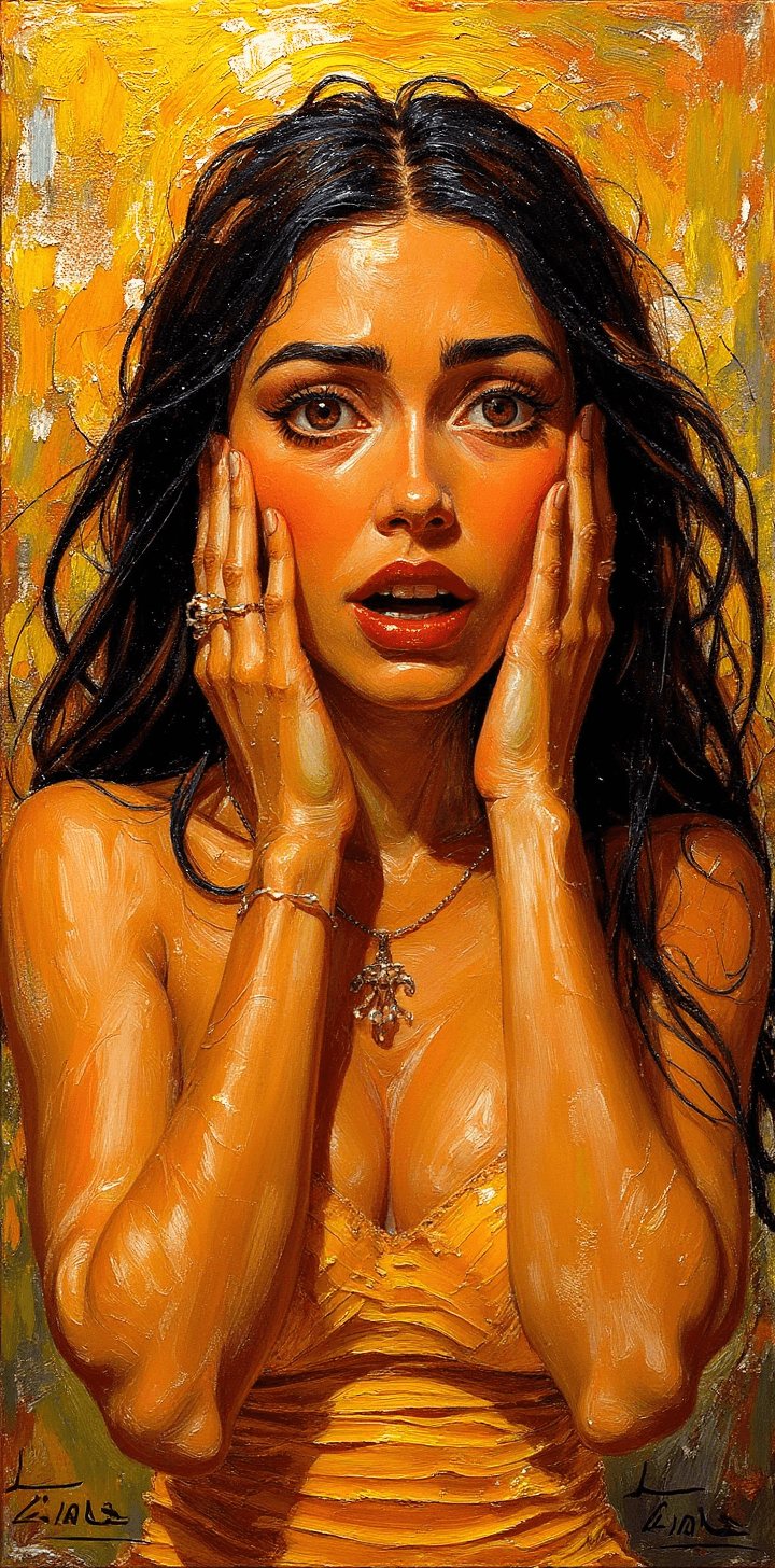 AI generated: a painting of a woman scared , in the style of beautiful women, playfully intricate, heavy impasto, ...