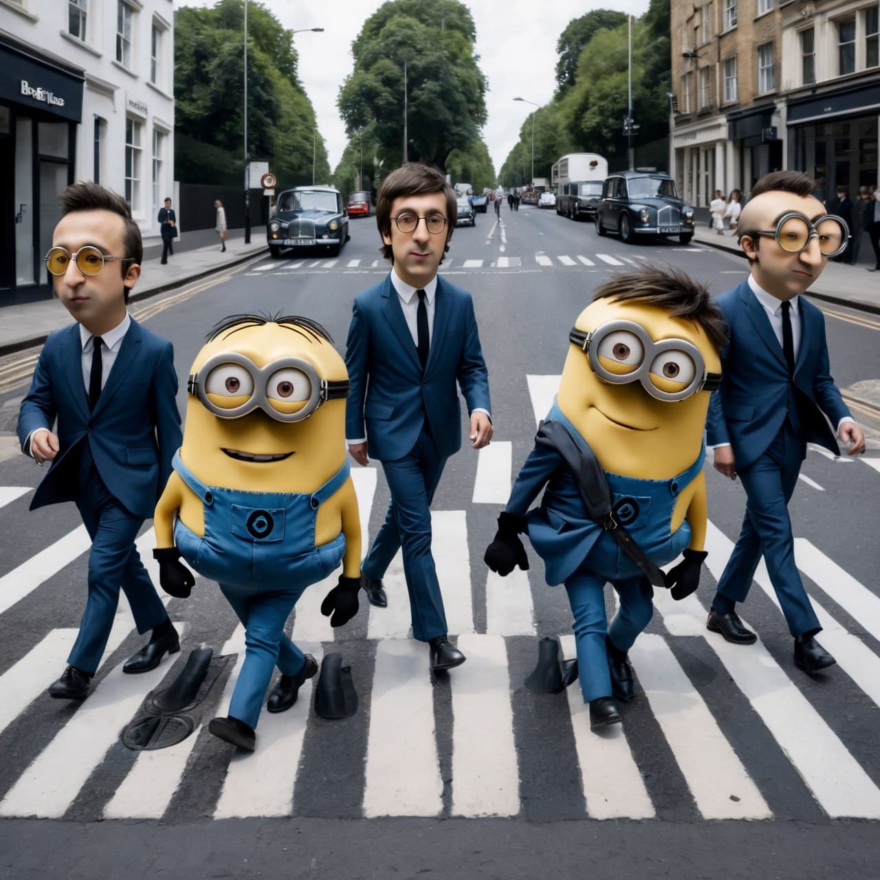 AI generated: Four Minions, Beatles impersonation, same hairstyles and outfits, walking right on Abbey Road zebra ...