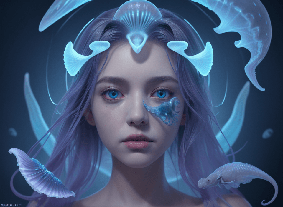 AI generated: Goddess close-up portrait ribcagel. jellyfish phoenix head, nautilus, orchid, skull, betta fish, bio...