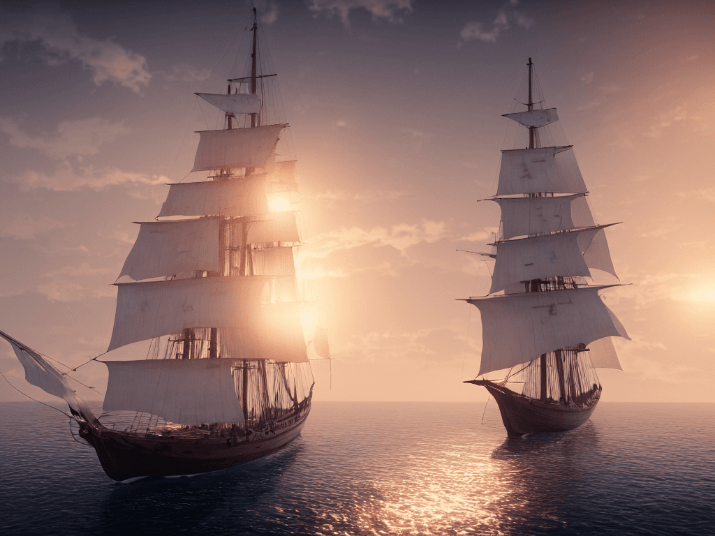 AI generated: photo of a ultra realistic sailing ship, beautiful light, pale sunrise, cinematic lighting, battered...