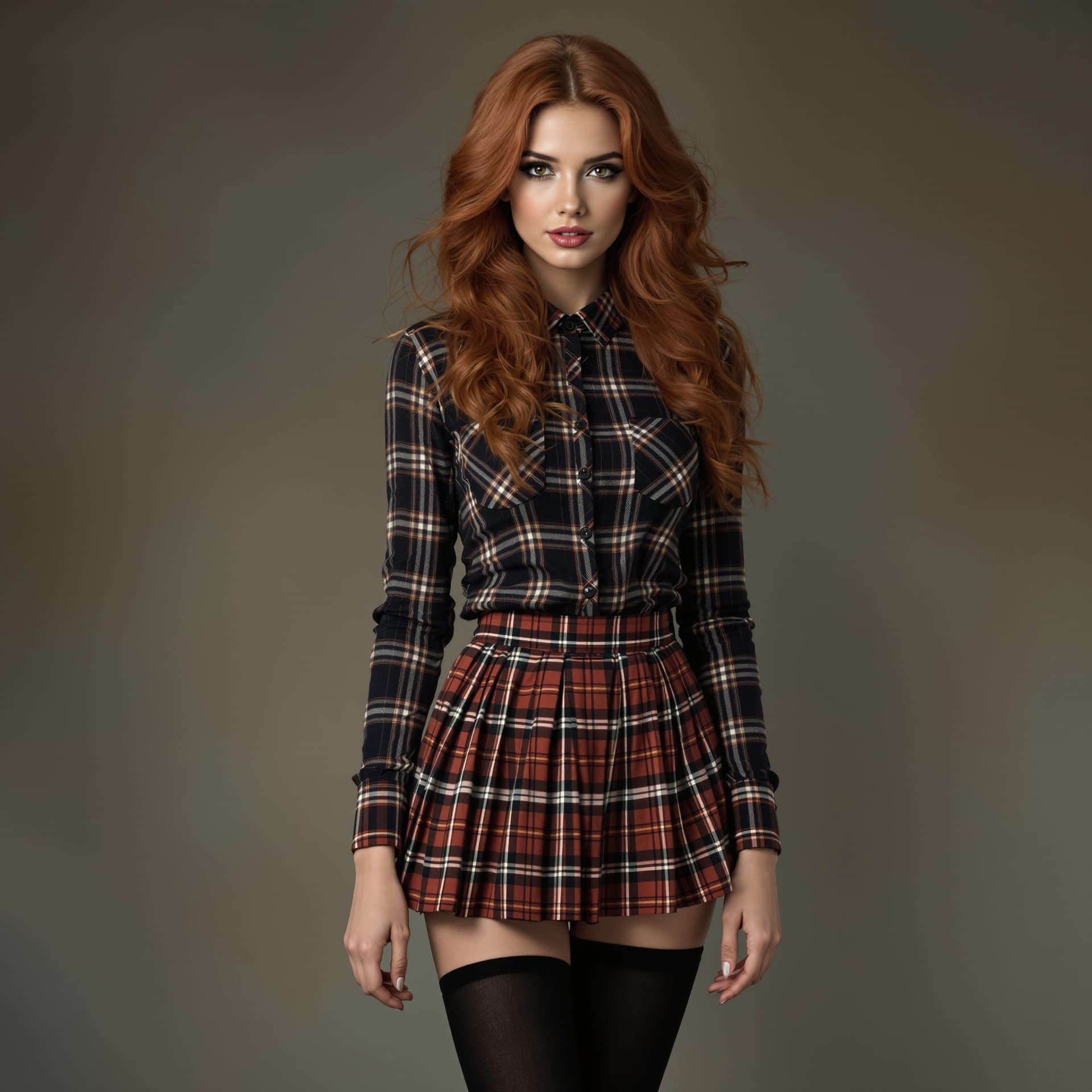 AI generated: a beautiful auburn haired, brown eyed young lady wearing a plaid mini skirt and black tights. hyper-...