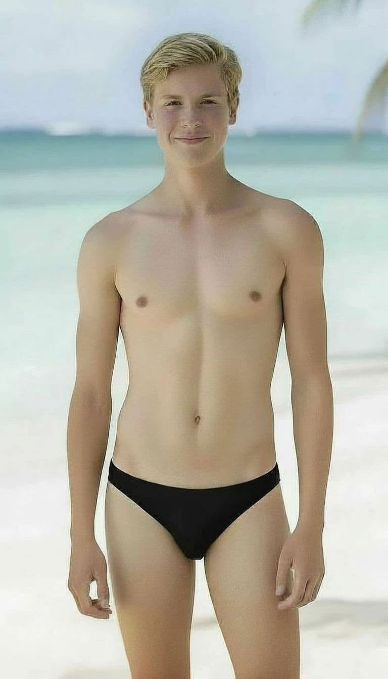 AI generated: Make the bulge in his swimming trunks bigger