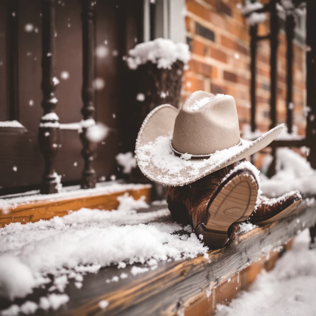 AI generated: •  3D cowboy boots and hat resting on a snowy porch.