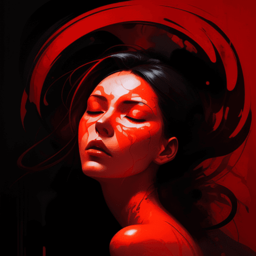 AI generated: A red  woman with closed eyes, in the style of Jarek Kubicki, orange background, neon lights, surrea...