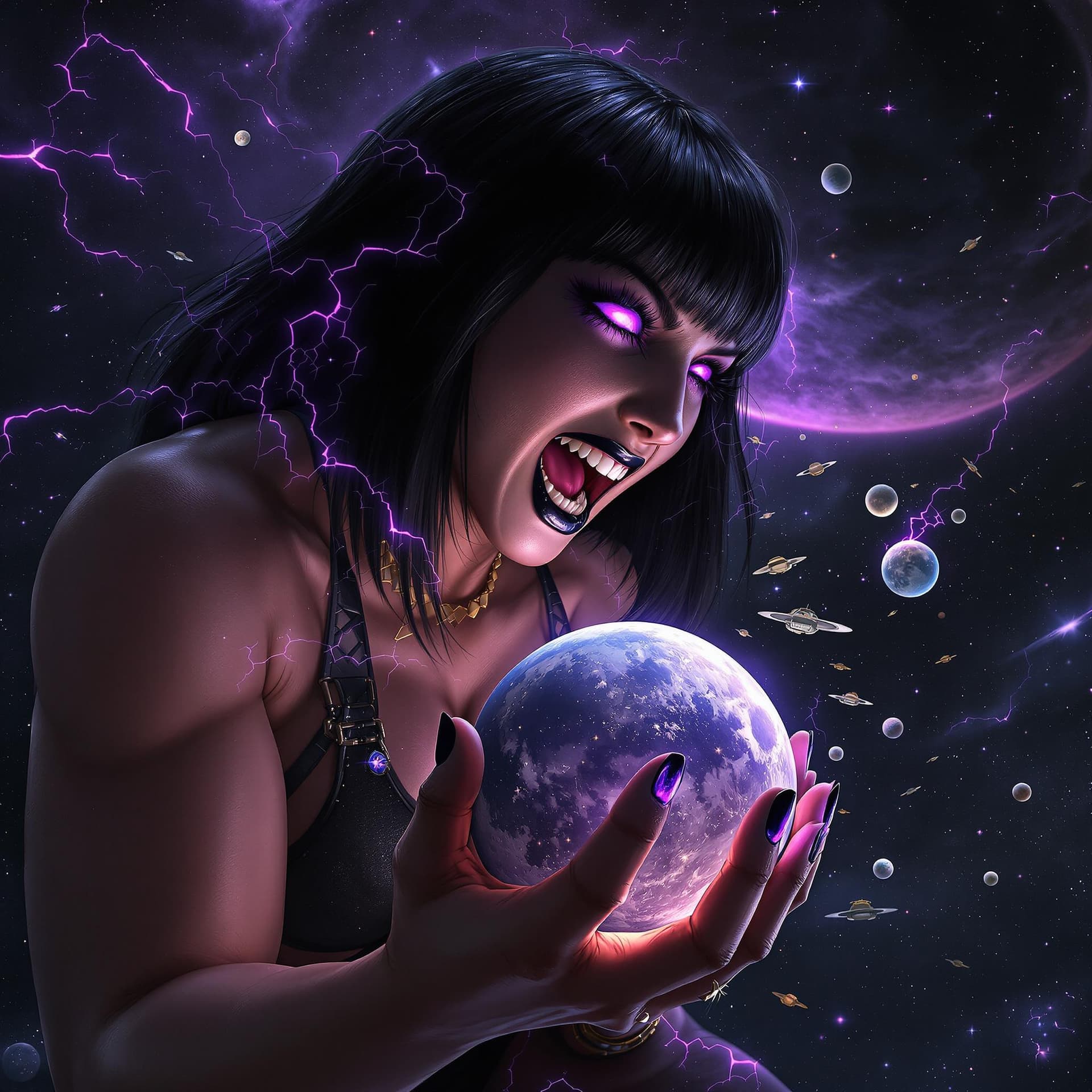 AI generated: enormous giantess female who looks like WWE superstar 
 Rhea Ripley with black medium length hair wi...