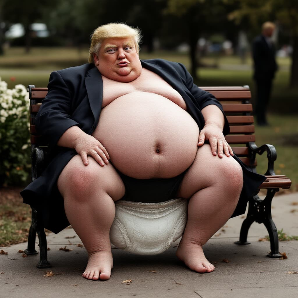 AI generated: Donald Trump wearing diapers and a fat sow with lipstick sitting on a bench, wearing a short skirt, ...