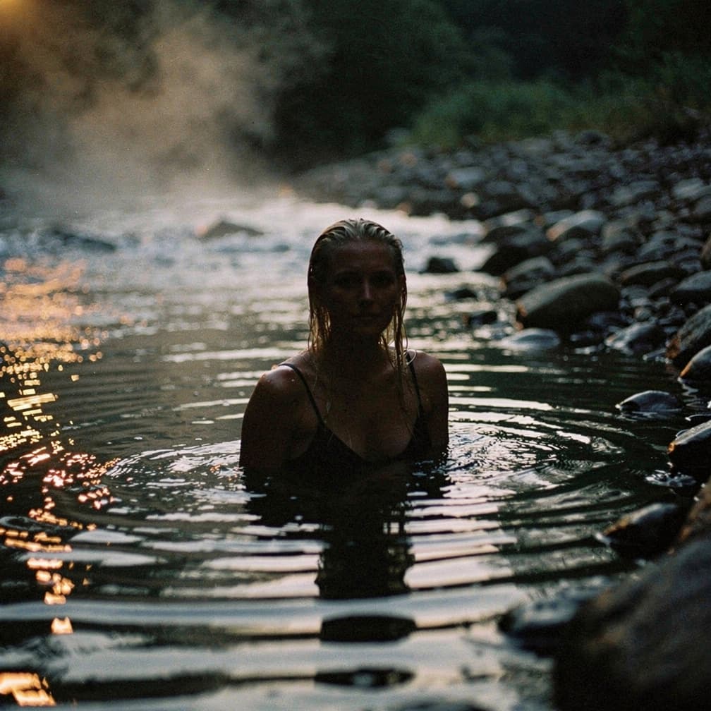 AI generated: hot spring in a river flow, steam rises from the water, a woman with long wet blonde hair swims in t...