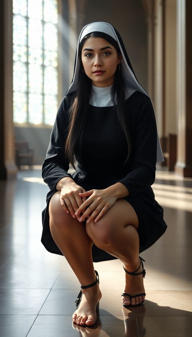 AI generated: Hyper realistic full body view of beautiful 14yo nun, indigen Face, long legs, Long Black Hair, very...