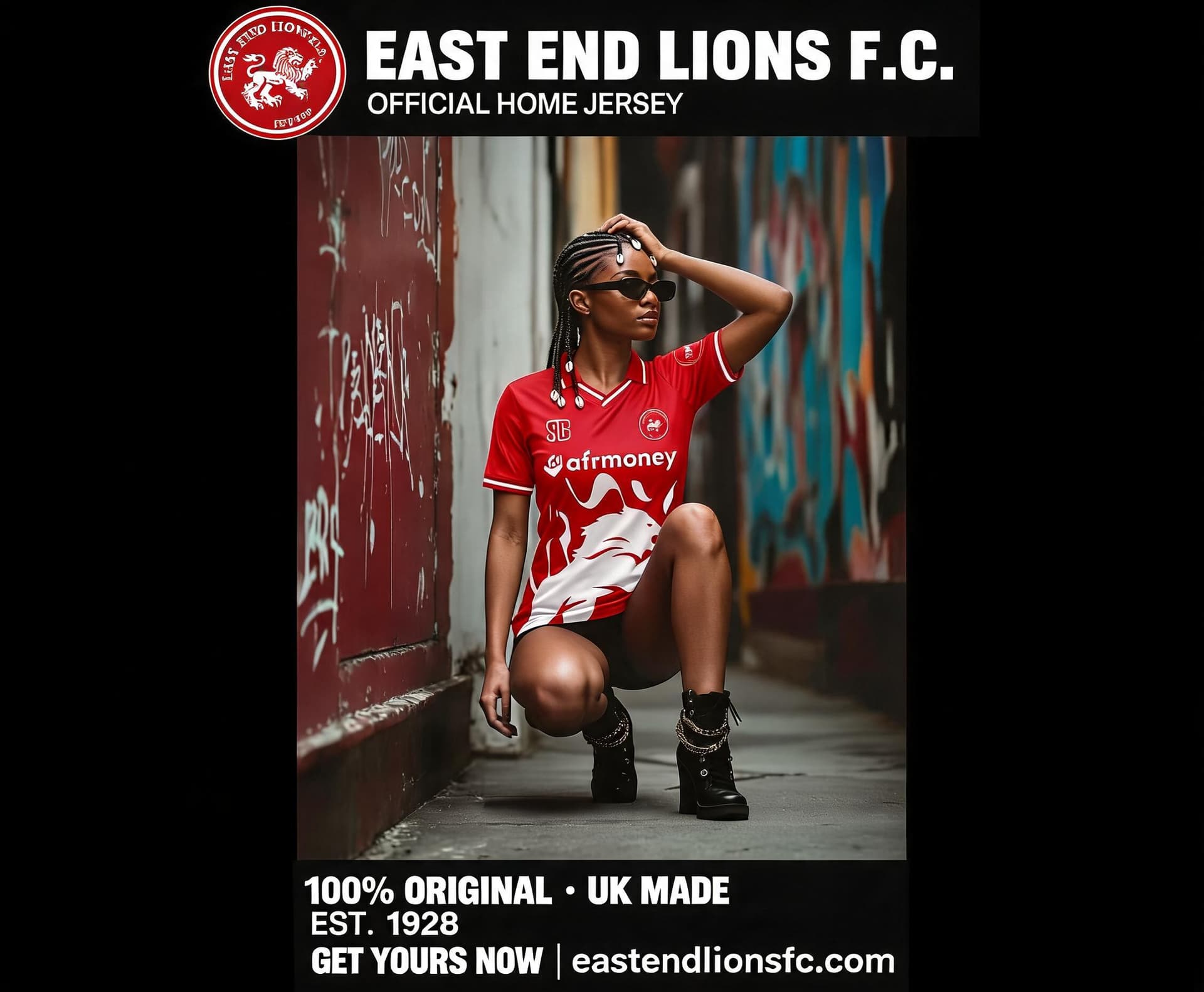 AI generated: 00% Original from the UK . East End Lions Jersey

generate a promotional flyer for the jersey