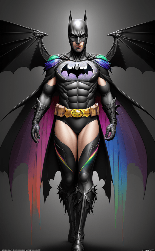 AI generated: (colorful bird posing with extreme glowing rainbow colors:1. 8), real face batman costume,(Sigma 85m...