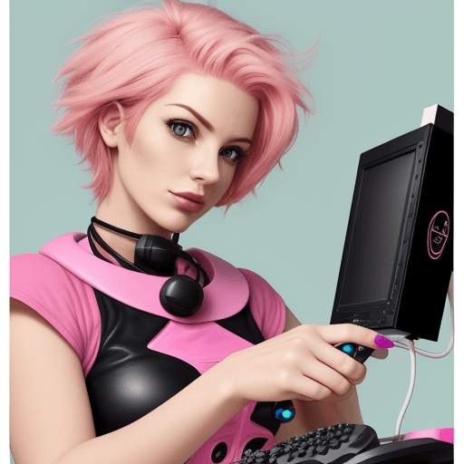 AI generated: women with pink hair handing a joystick of cosole modern