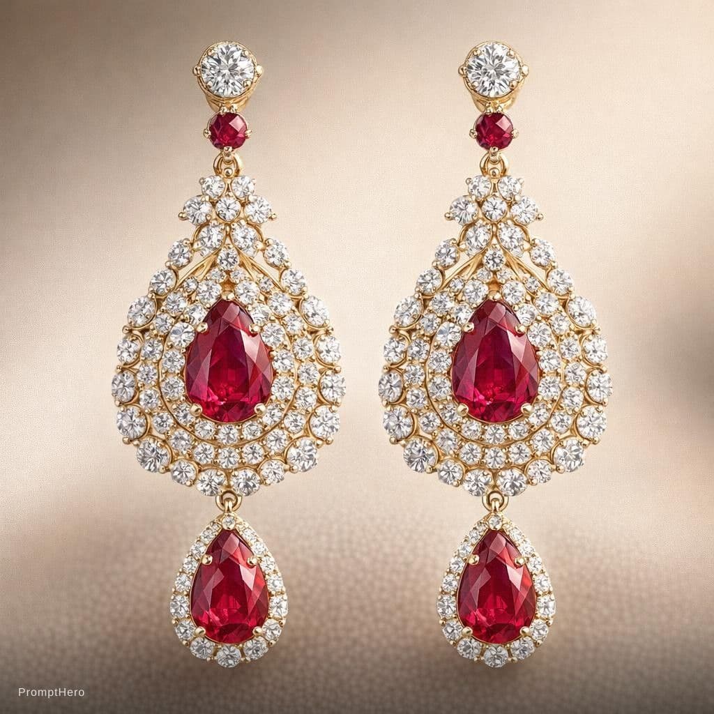 AI generated: gold earings with diamonds and rubies on it focus on only the earing models a more realistics image ...