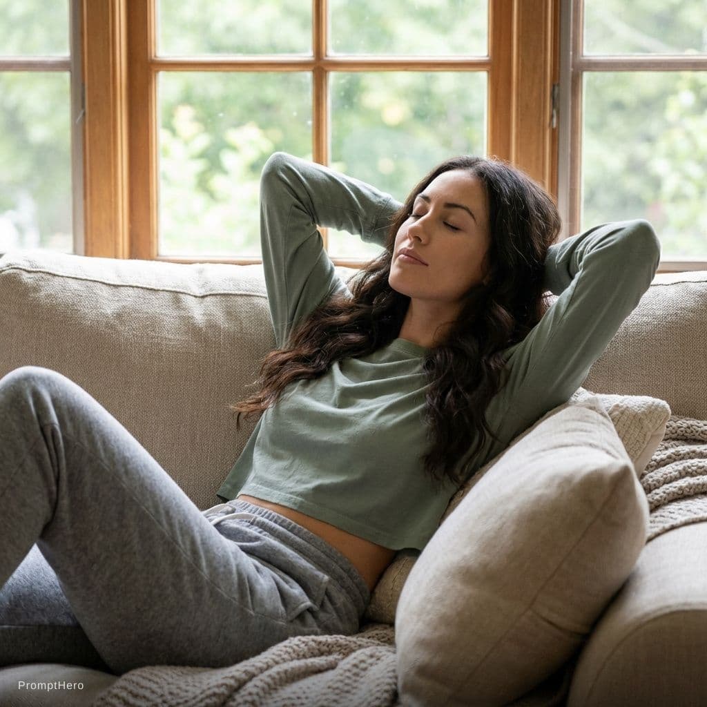 AI generated: A photorealistic image of a woman with long, flowing black  hair reclining on a plush beige couch. T...