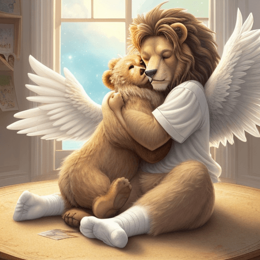 AI generated: Illustration for a children's book: A winged lion with angelic wings and cute white socks on its paw...