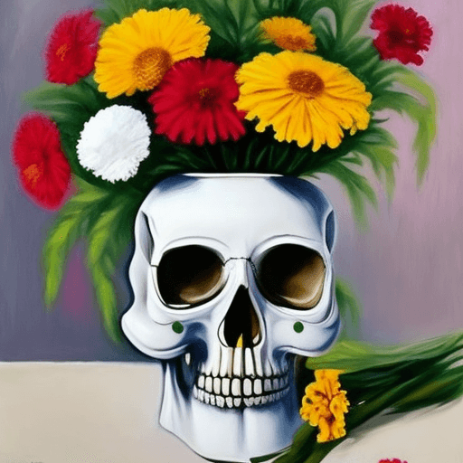 AI generated: round, white vase, colorful marigolds, skull painted on
