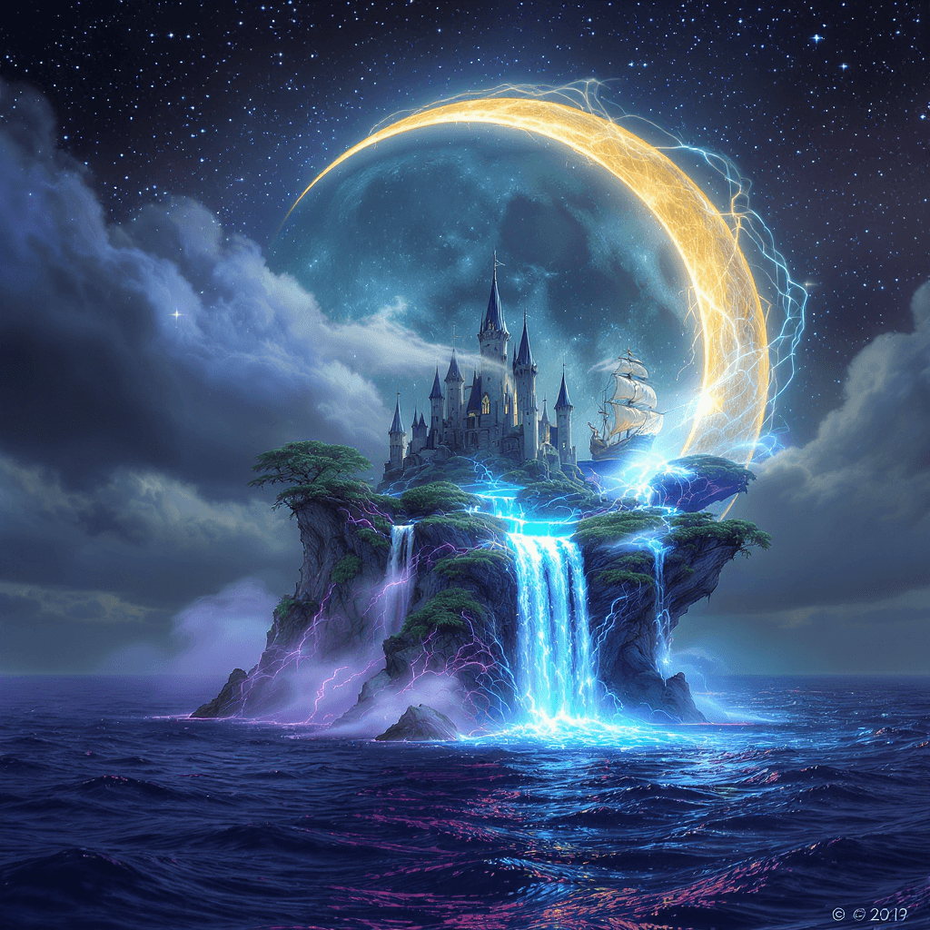 AI generated: A fantasy moon with glowing highlights and an island, a waterfall flowing into the sea, on top of wh...