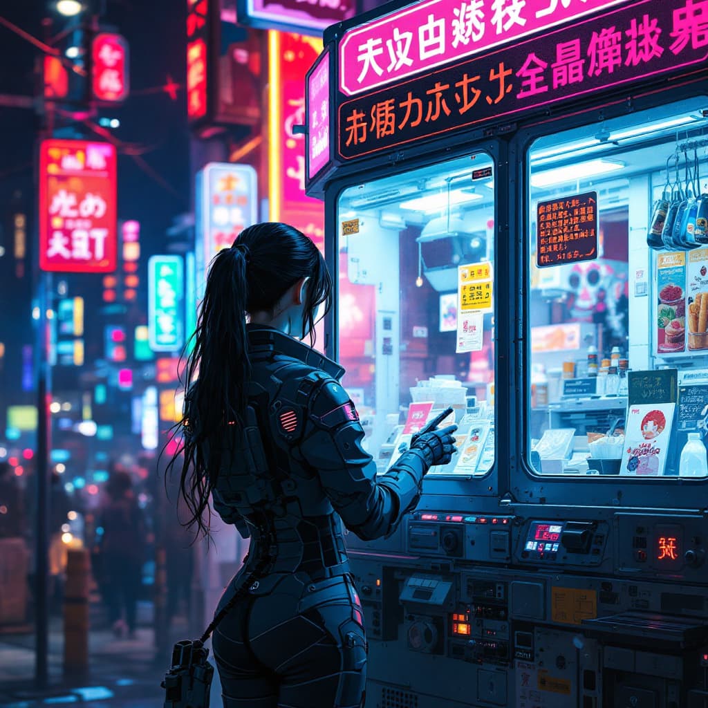 AI generated: girl of the future using a food vendor machine, futuristic design, electronic artwork, manga charact...