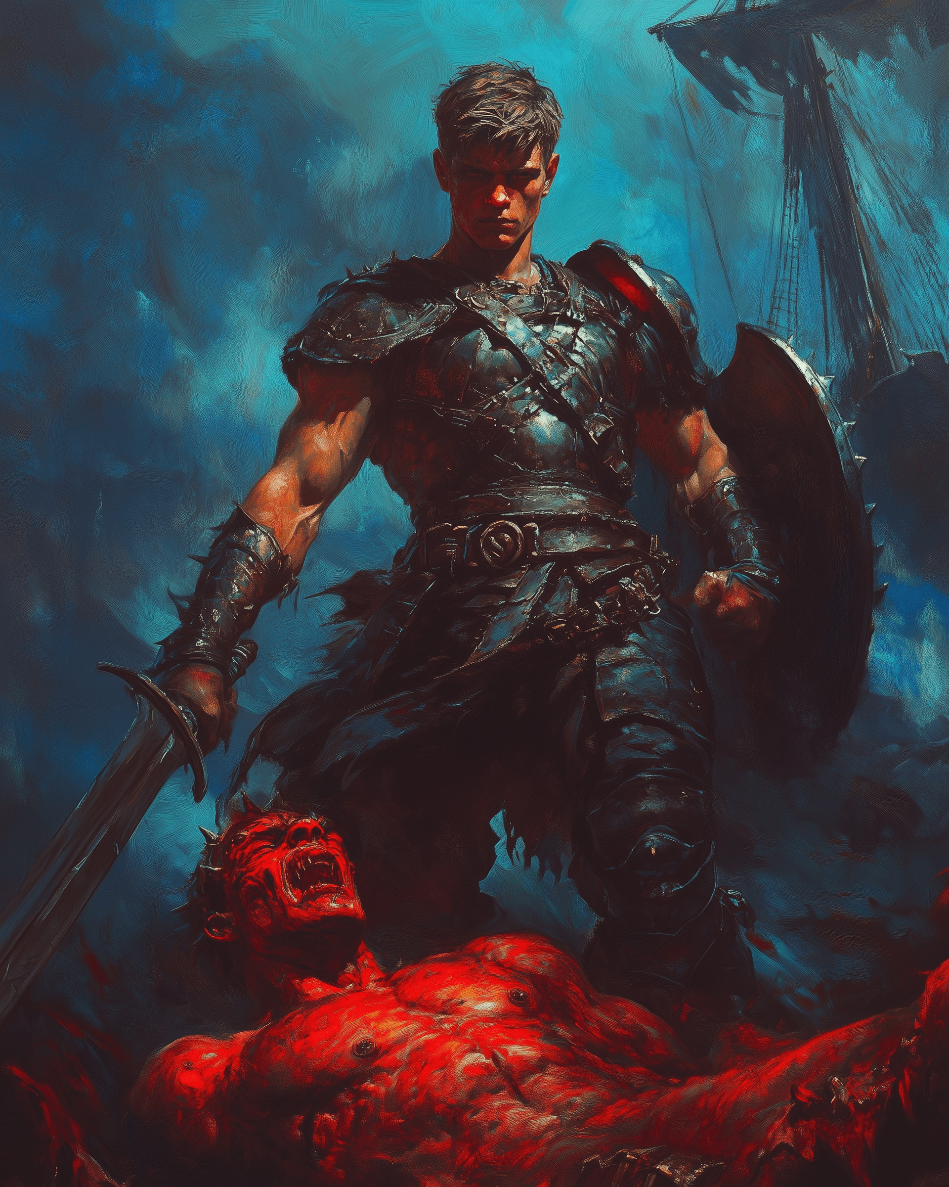 AI generated: A young bronze male warrior with short hair, holding a sword, standing on top of the body of a red-s...