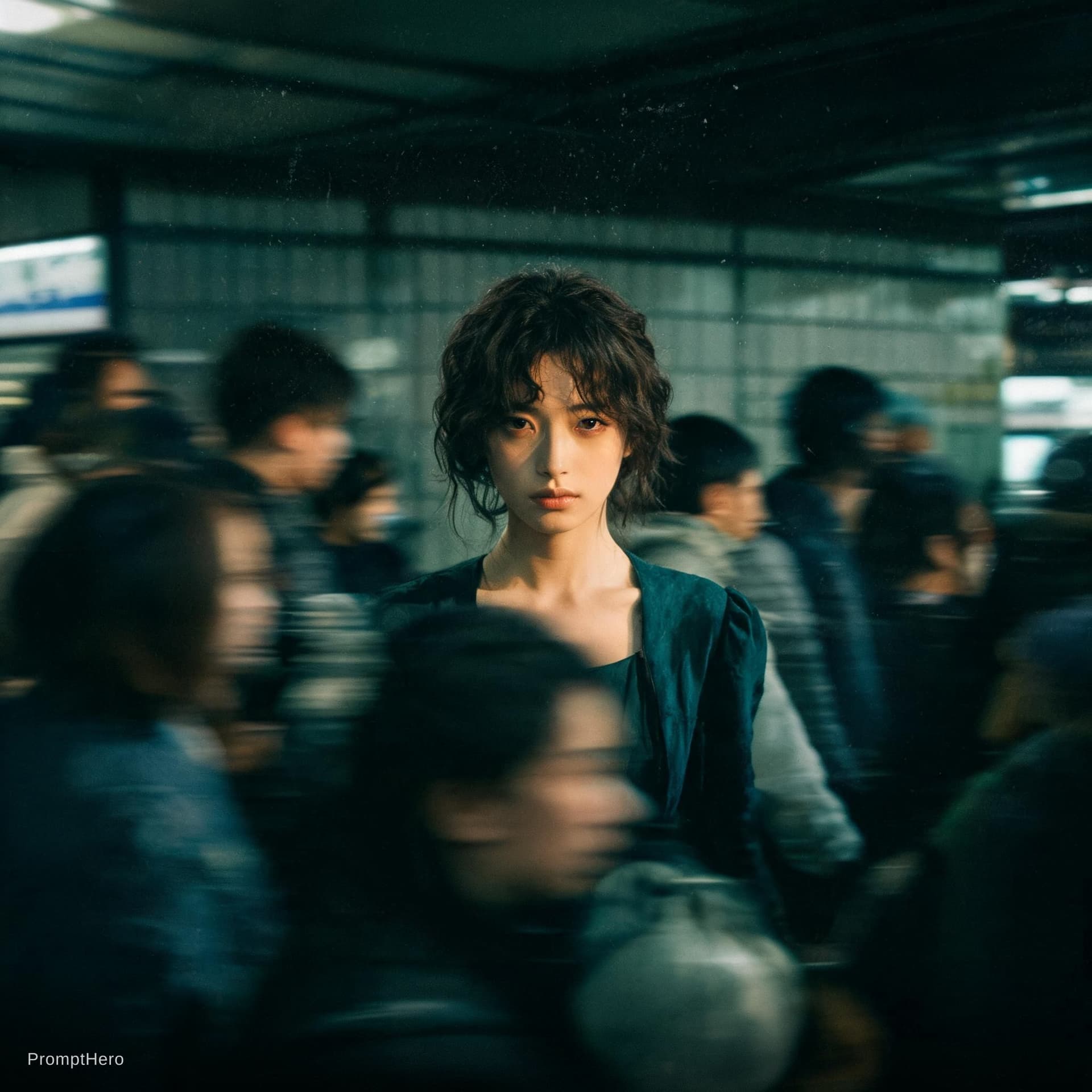 AI generated: Cinematic editorial portrait of a young women in her early twenties standing motionless at the
cente...