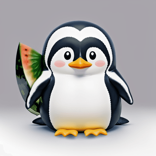 AI generated: cute chubby penguin uplifting huge watermelon, no light, plain drawing style